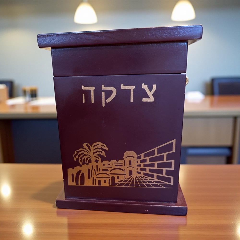 Jacob Rosenthal Brown Tzedakah Box with Gold Design